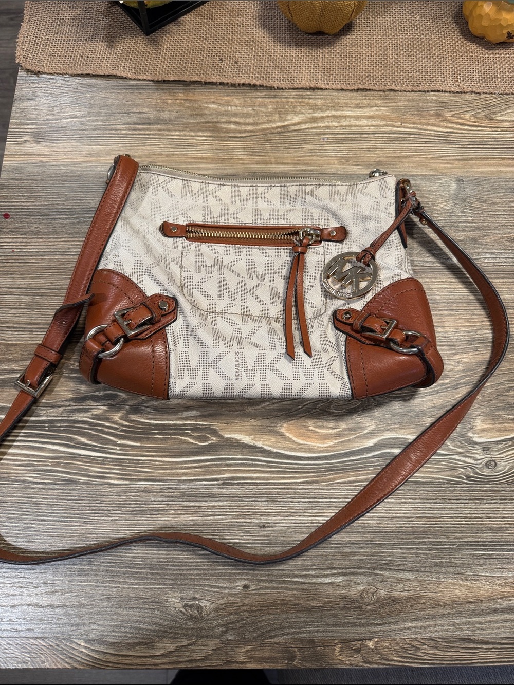 Michael Kors Vanilla Signature Canvas Crossbody with Brown Leather Trim